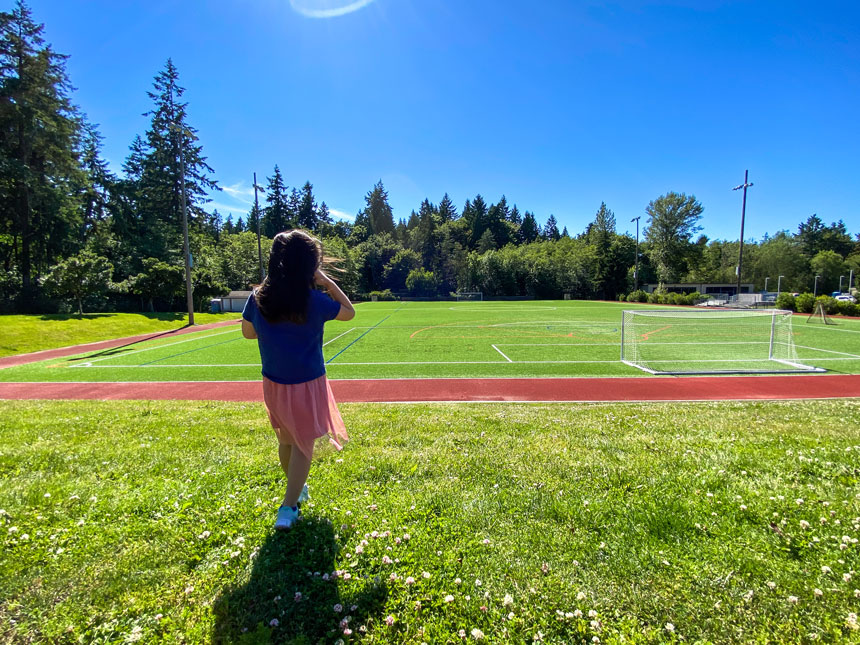 Wilburton Hill Park in Bellevue features a well-maintained turf soccer field and a surrounding rubber track, perfect for kids to run, walk, or practice sports in a safe environment.