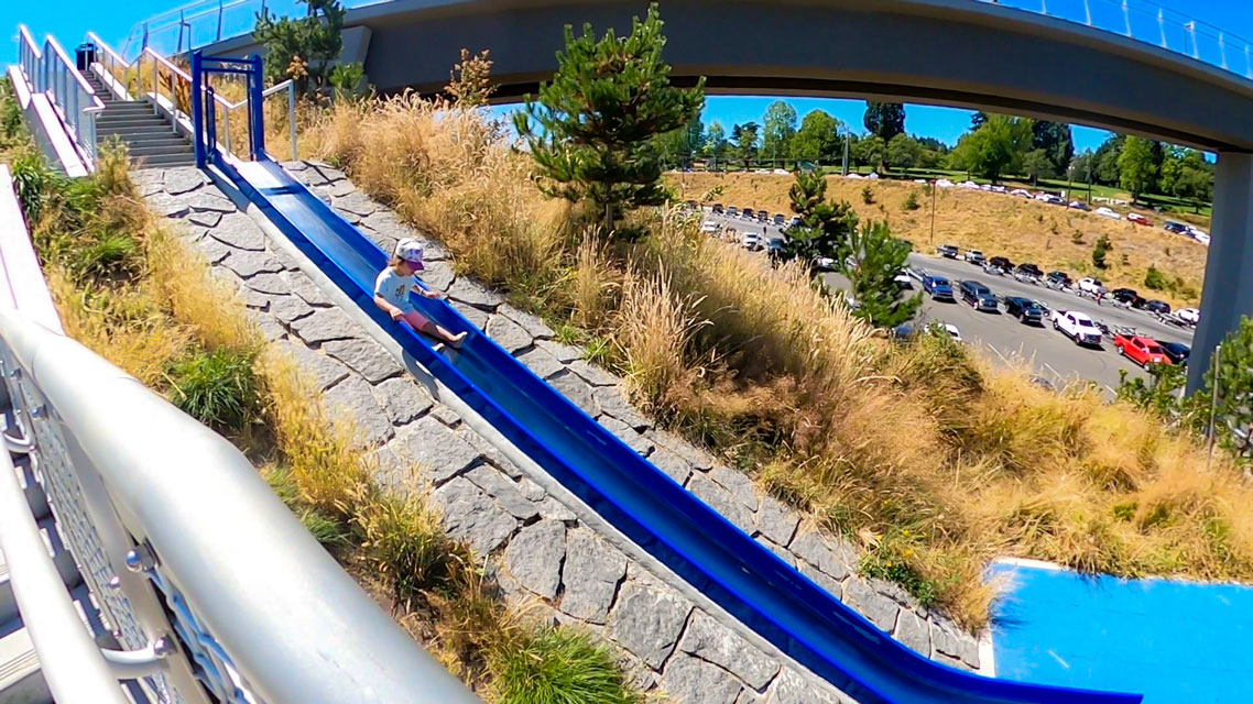 A joyful toddler girl slides down one of the hillside slides at the Stairs and Slides playground in Point Defiance Park, Tacoma. This creative and nature-inspired play area is built into a forested slope, allowing kids to climb up stairs and zoom down long, winding slides.