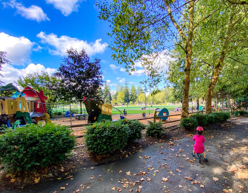 Robinswood Community Park Playground with toddler on her balance bike