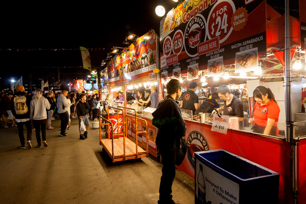 Richmond Night Market in BC, featuring vibrant Asian food stands at night near Vancouver, Canada.