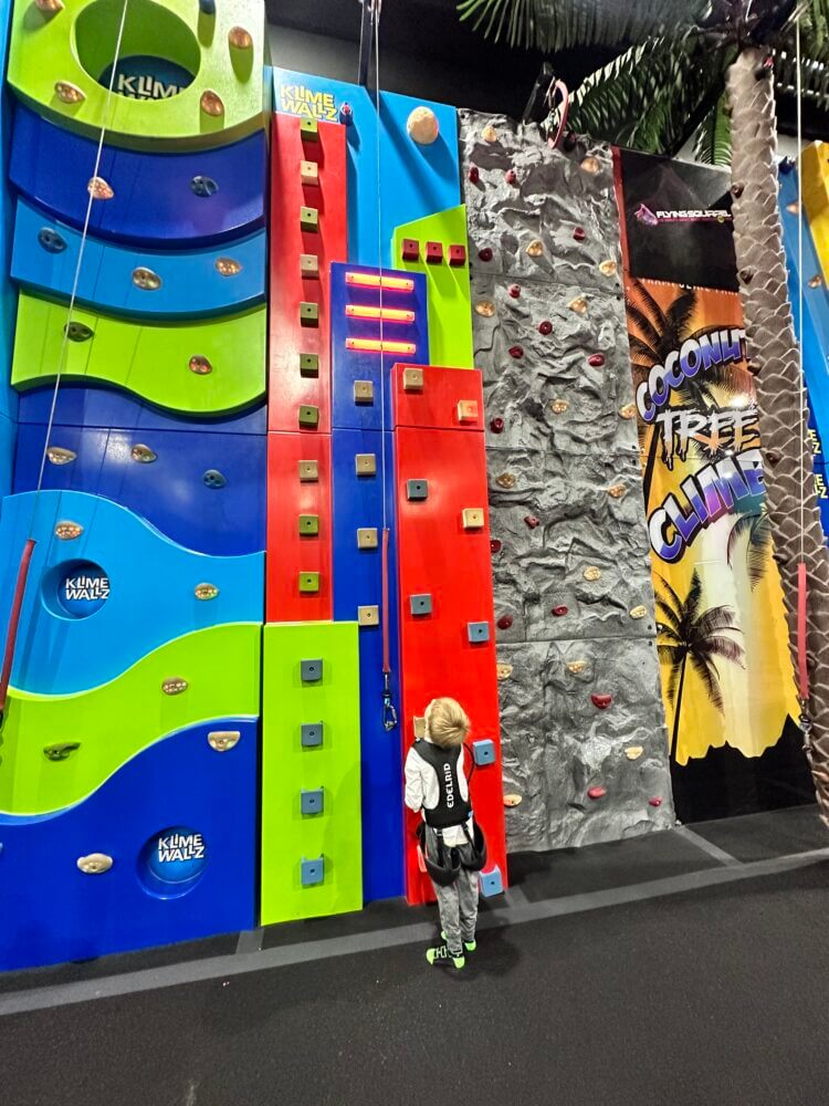 Colorful climbing wall at Flying Squirrel Trampoline Park, with a boy strapped in and ready to climb, looking up at the wall.