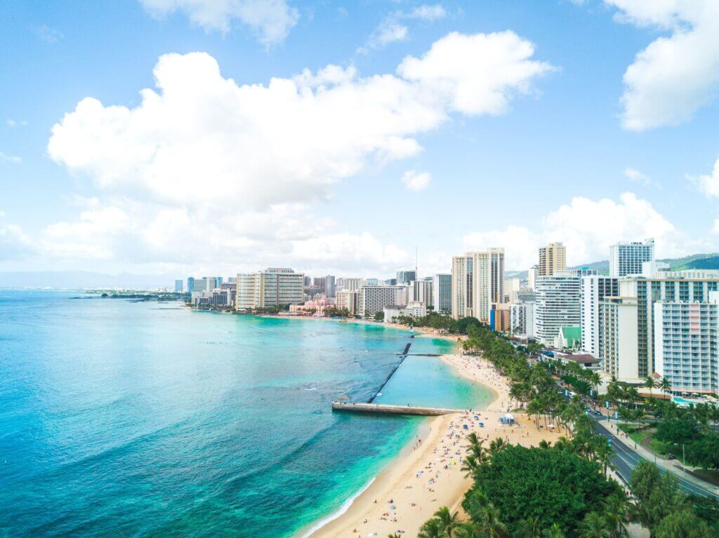 View of the Beautiful Waikiki Beaches. Queen Beach and Kuhio Beach on Oahu, a very popular beach among locals and tourist