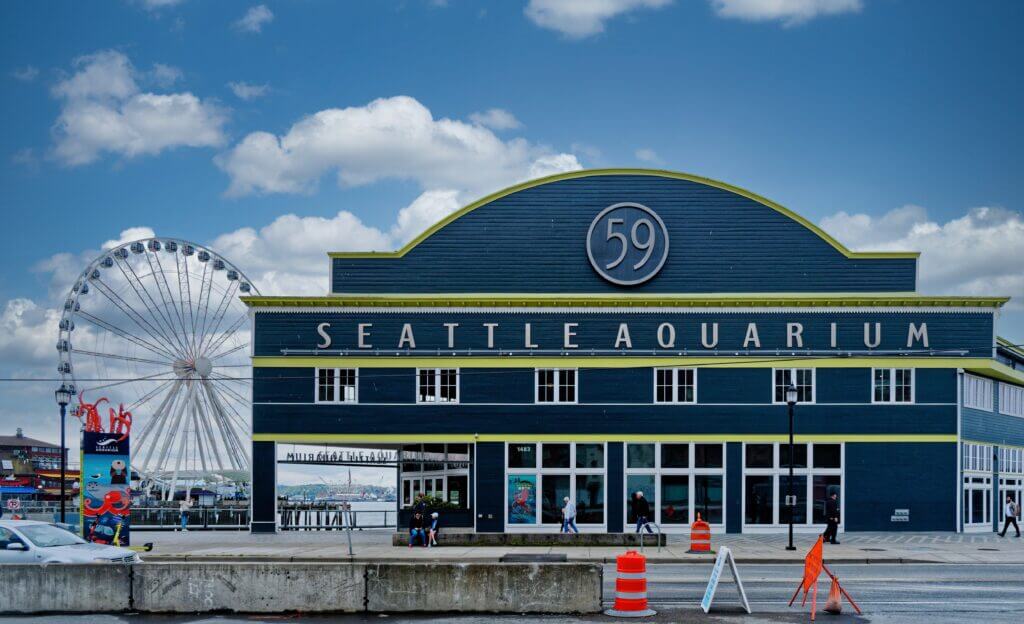 Seattle Aquarium with the Seattle Great Wheel in the Background along the waterfront.
