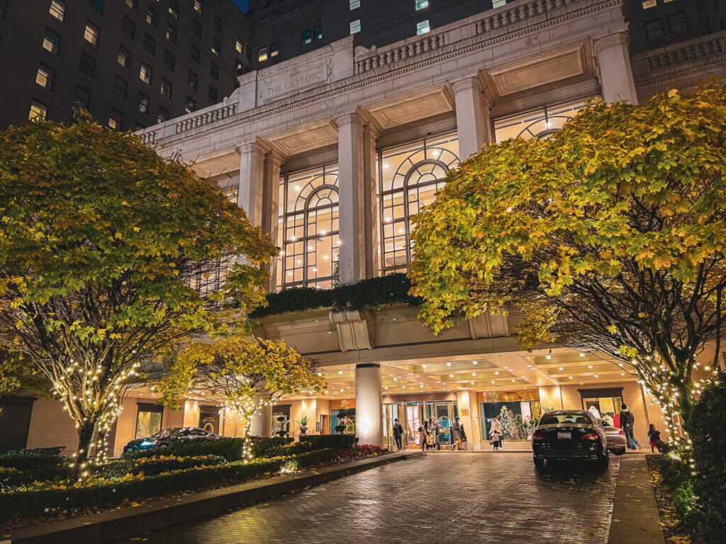 Fairmont Hotel in Seattle at Night with Christmas trees in the window