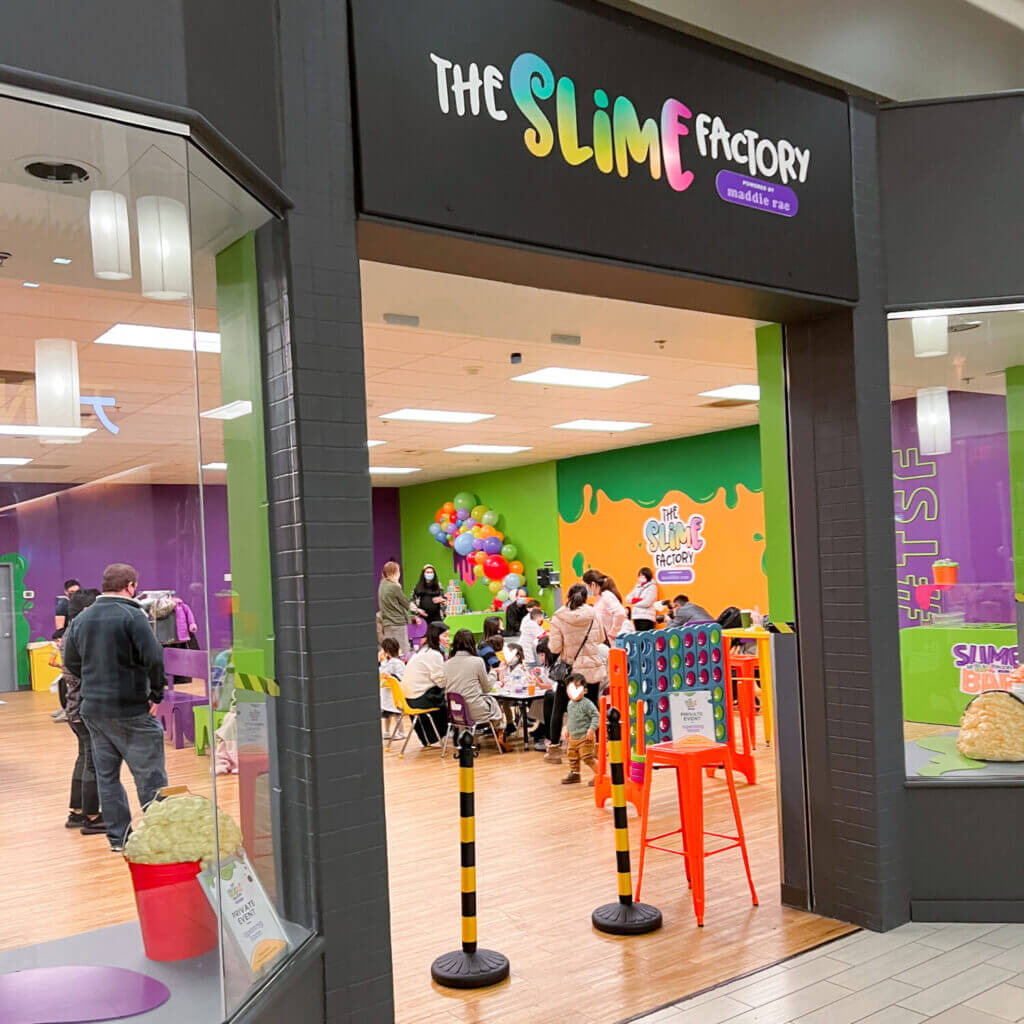 Slime Factory at Factoria Mall in Bellevue—a bright, colorful indoor space where kids mix gooey slime with fun tools and textures, perfect for hands‑on creativity on rainy days.