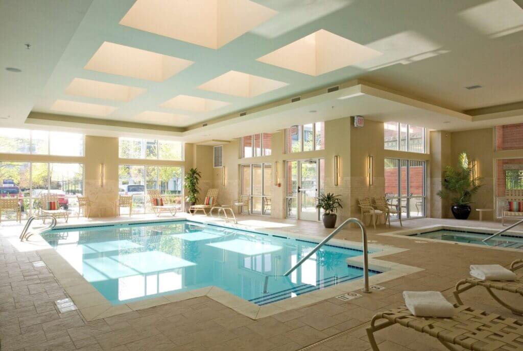 Spacious indoor pool at Hyatt House Bellevue, a favorite spot for kids to splash and play during family visits—our children especially loved it when their grandparents stayed here every year.