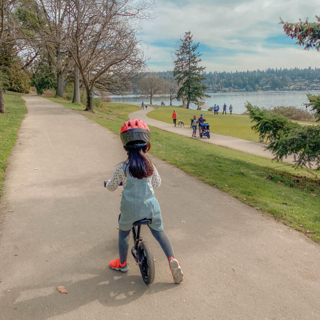 Seward Park in Seattle features a beautiful 2.4-mile paved loop around its perimeter, perfect for strollers, wheelchairs, bicycles, and scooters.