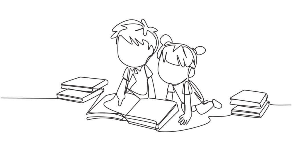 A one-line drawing of kids happily reading books, representing good reading interest. Includes manga, graphic novel, and book recommendations for kids, with content considerations for parents to know in our book reviews.