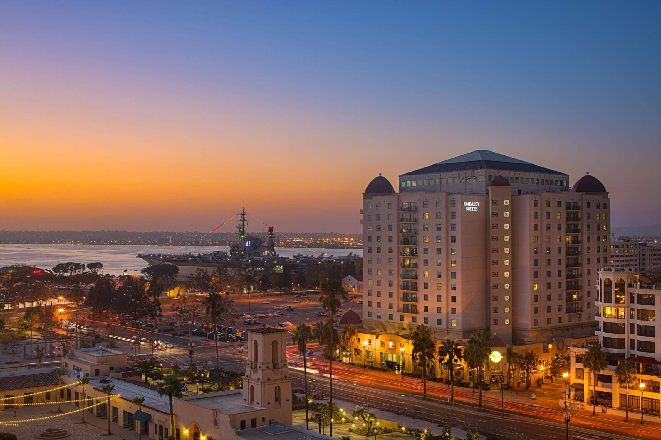 Embassy Suites by Hilton San Diego Bay Downtown, a family-friendly hotel featuring an indoor pool and within walking distance to top attractions like Seaport Village and USS Midway Museum.