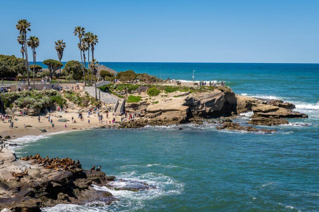 The coast of La Jolla, a very popular tourist destination known for its scenic views and opportunities to watch seals up close.