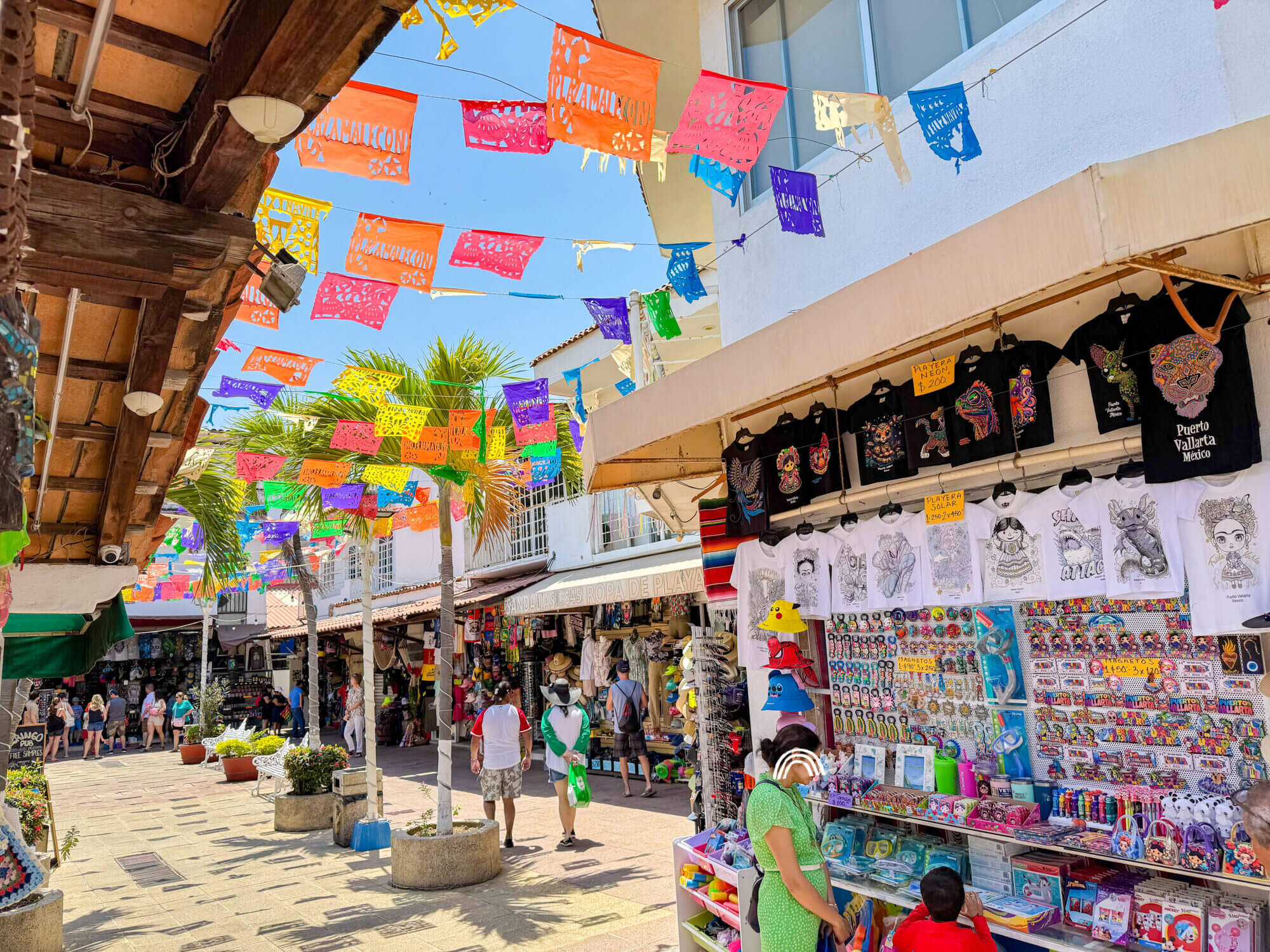 Colorful little shops at the Malecón flea market near Hotel Rosita in Puerto Vallarta, offering souvenirs, handmade crafts, and local treasures. Just a block from the waterfront, this kid-friendly shopping spot is a great way to explore local culture and pick up fun gifts while strolling the scenic boardwalk.